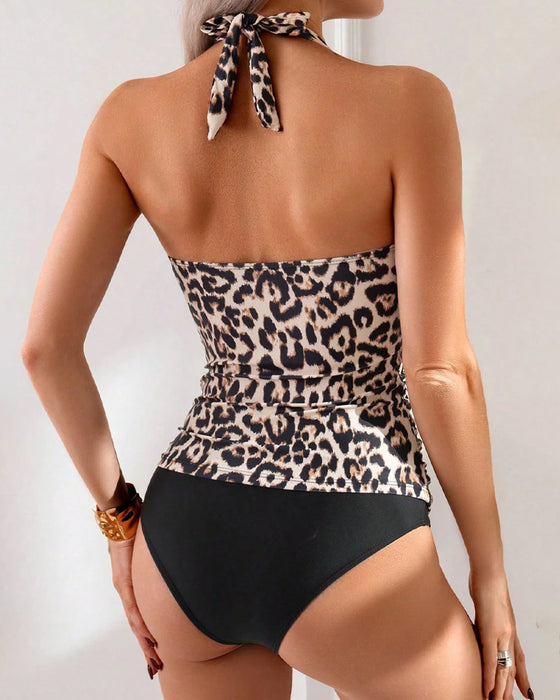 Halter Neck Leopard Print Triangle Two-Piece Swimsuit