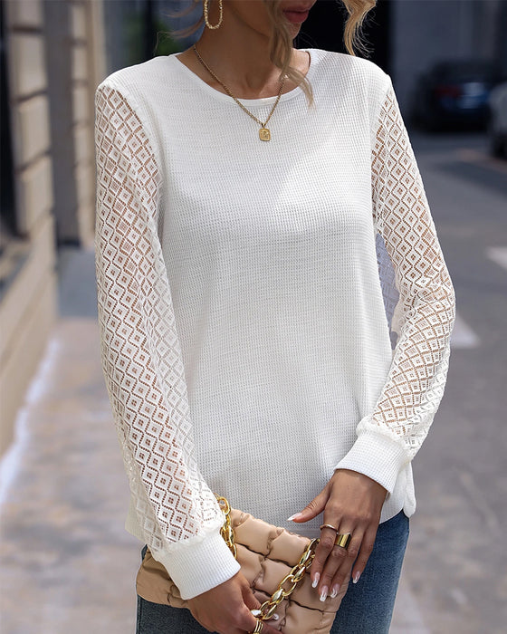 Button-Up Design Lace Long-Sleeved Round Neck Top
