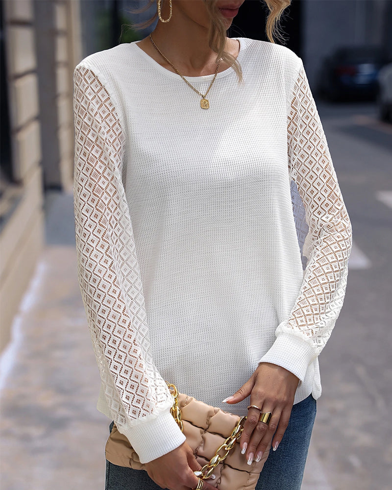Button-Up Design Lace Long-Sleeved Round Neck Top