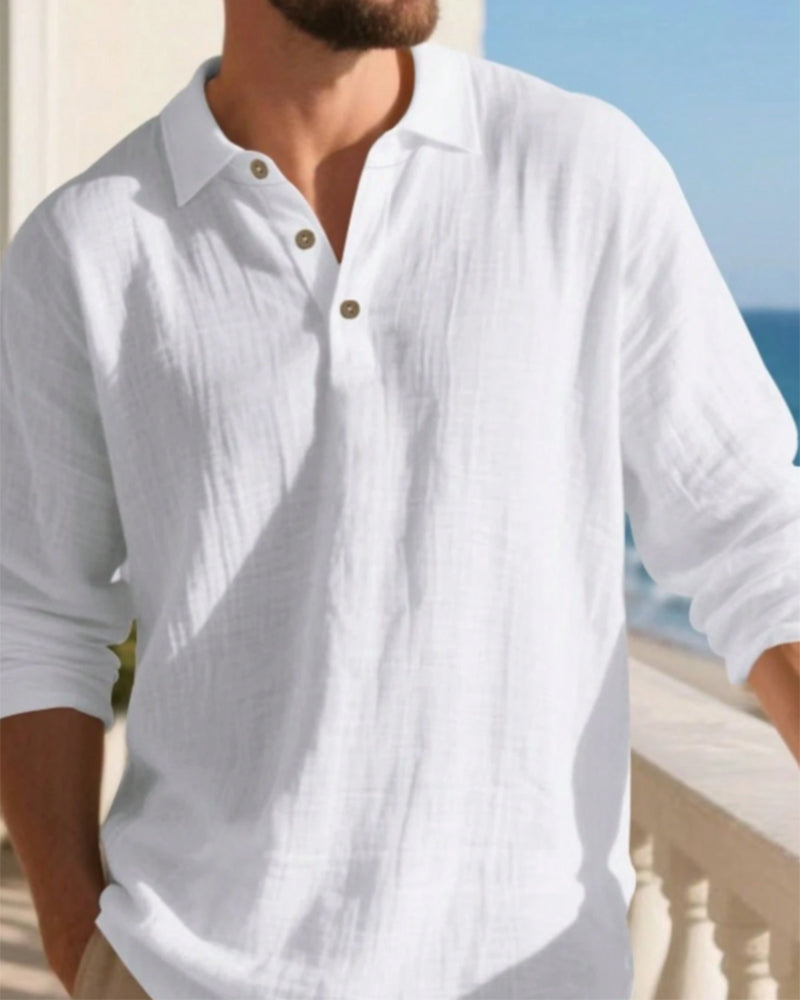Men's Lightweight Loose Linen Long Sleeve Polo Shirt