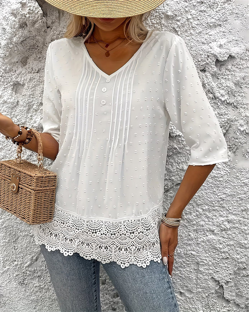 Jacquard Lace Patchwork V-Neck Blouse