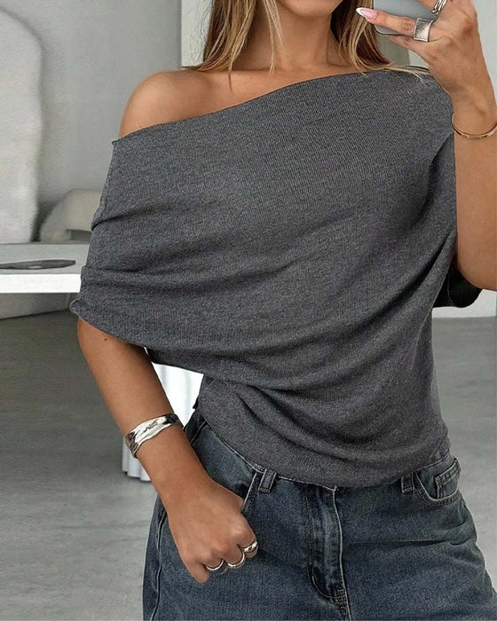 Batwing Sleeve Off-Shoulder Solid Blouse