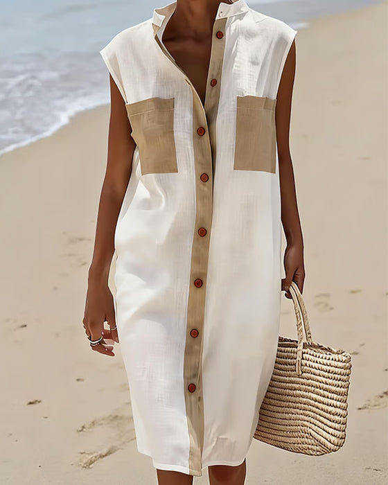 Color Block Sleeveless Shirt Midi Dress