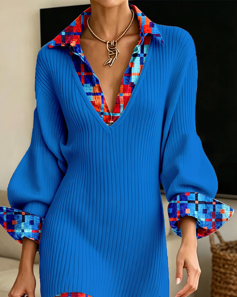 Mock Two-Piece Plaid V-Lapel Knit Short Dress