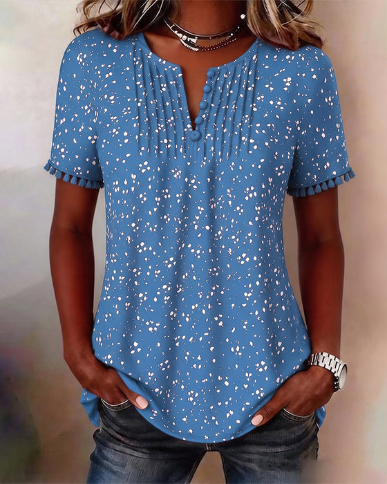 White Dot Fringe Short Sleeve Blouse