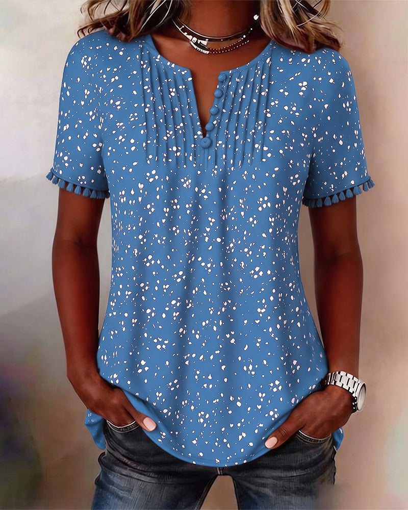 White Dot Fringe Short Sleeve Blouse