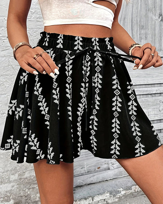 Print Drawstring Loose Fit Flare Short