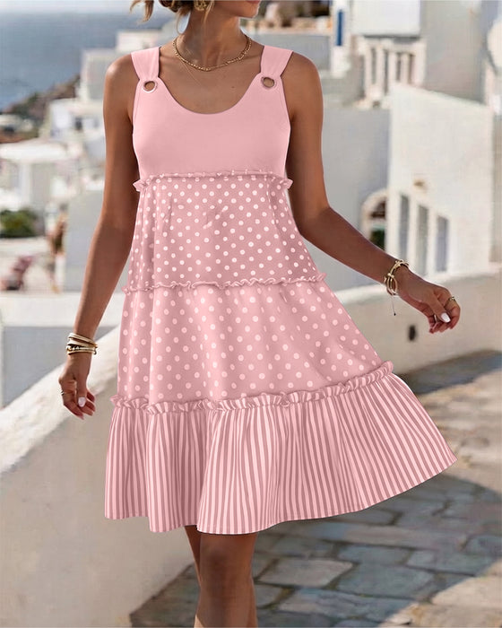 Polka Dot Stripe Tiered Spaghetti Dress