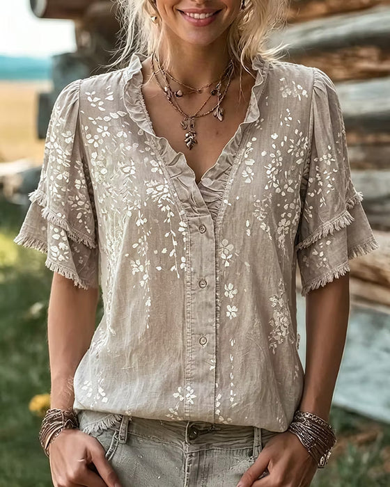 V-Neck Lace Trim Fringe Print Blouse