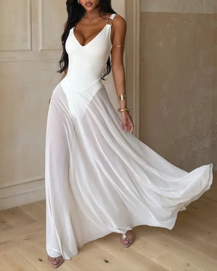 Deep V-Neck See-Through Slip Dress