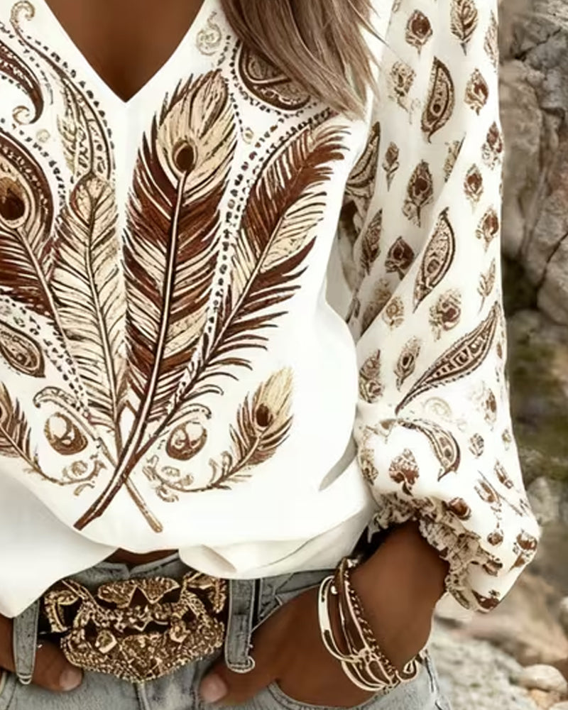 V-Neck Feather Print Top