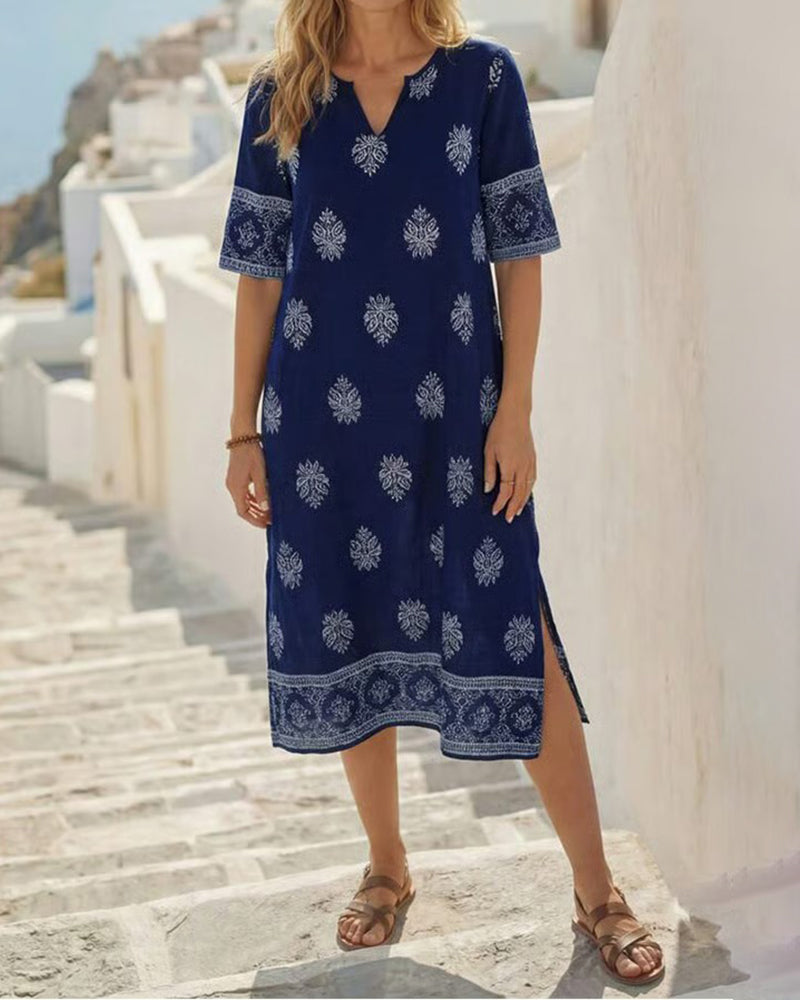 V-Neck Printed Straight Dress