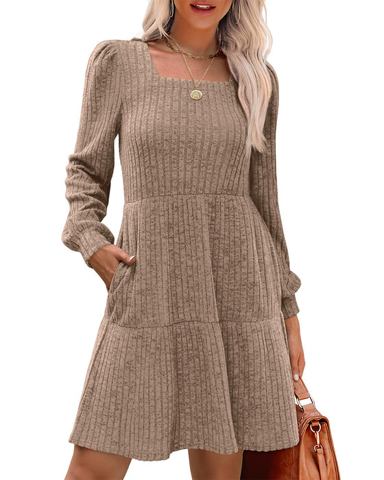 🍂2025 Autumn New Style⏰Women's Square Neck Lantern Sleeve Ribbed Dress