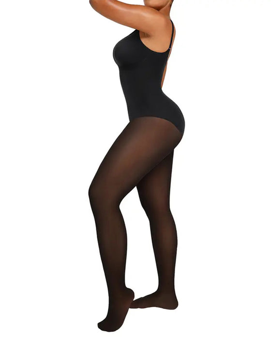 Sheer-Panel with Fleece Lined Tights Stay-Warm Tummy Control Sheer Effect Tights Bodysuit