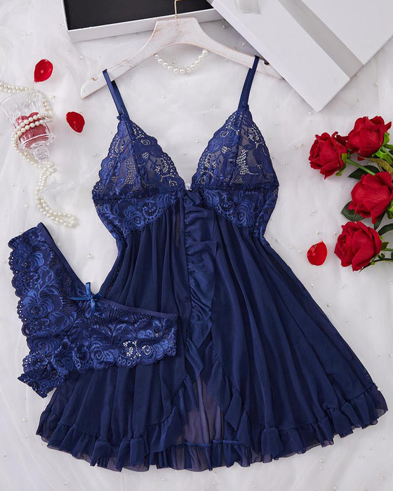 Ladies' Sexy Ruffle Trim Lace Cami Nightdress & Bow Decor Panty Set