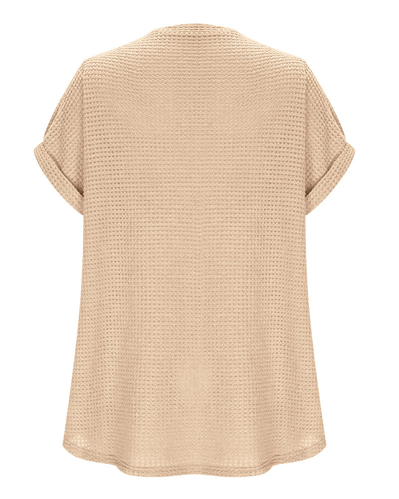 Women's Waffle Knit V-Neck Casual Summer T-shirt