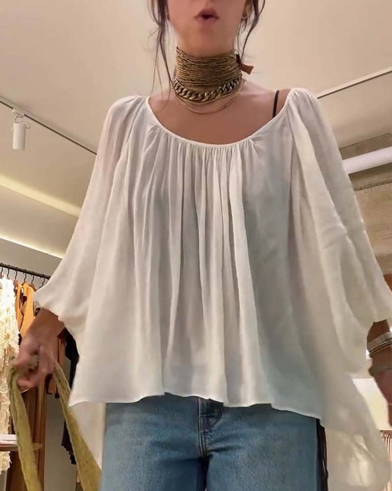 Puff Lantern Sleeve Smocked Crew Neck Blouse
