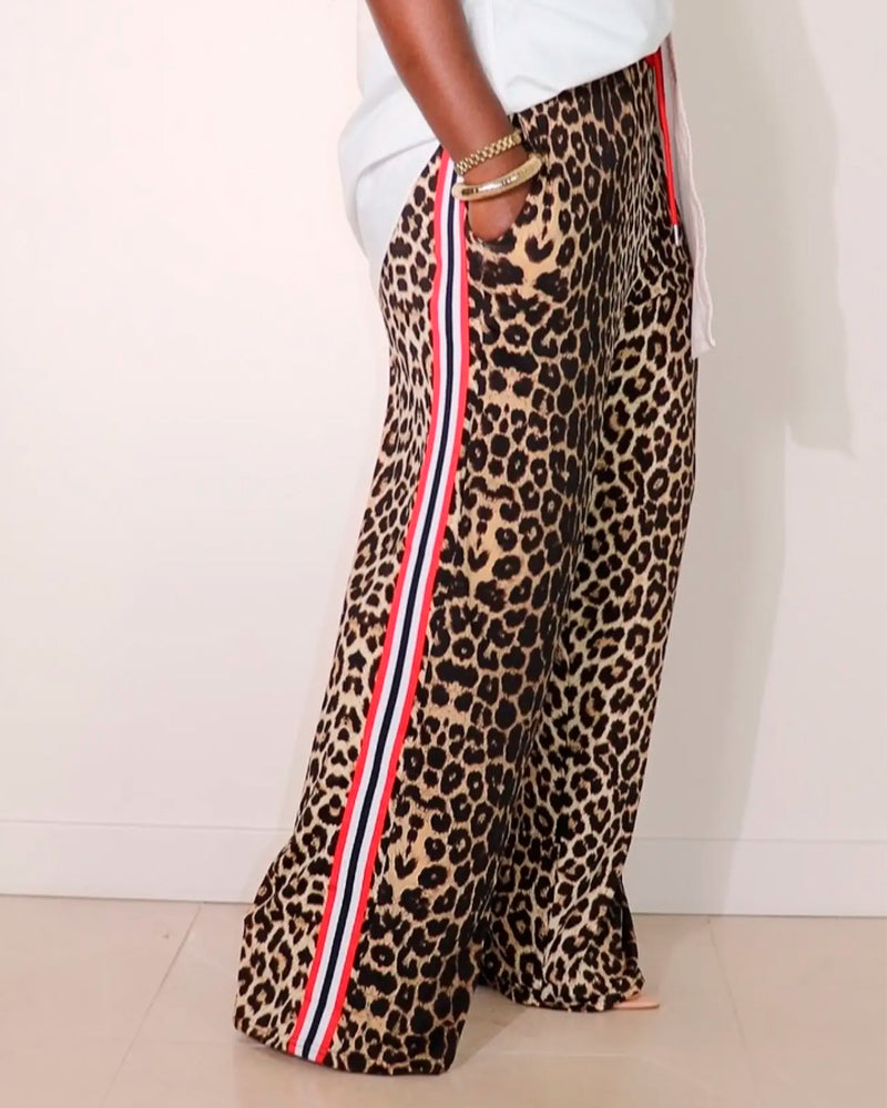 Color-Block Leopard Print Drawstring Straight-Leg Pants