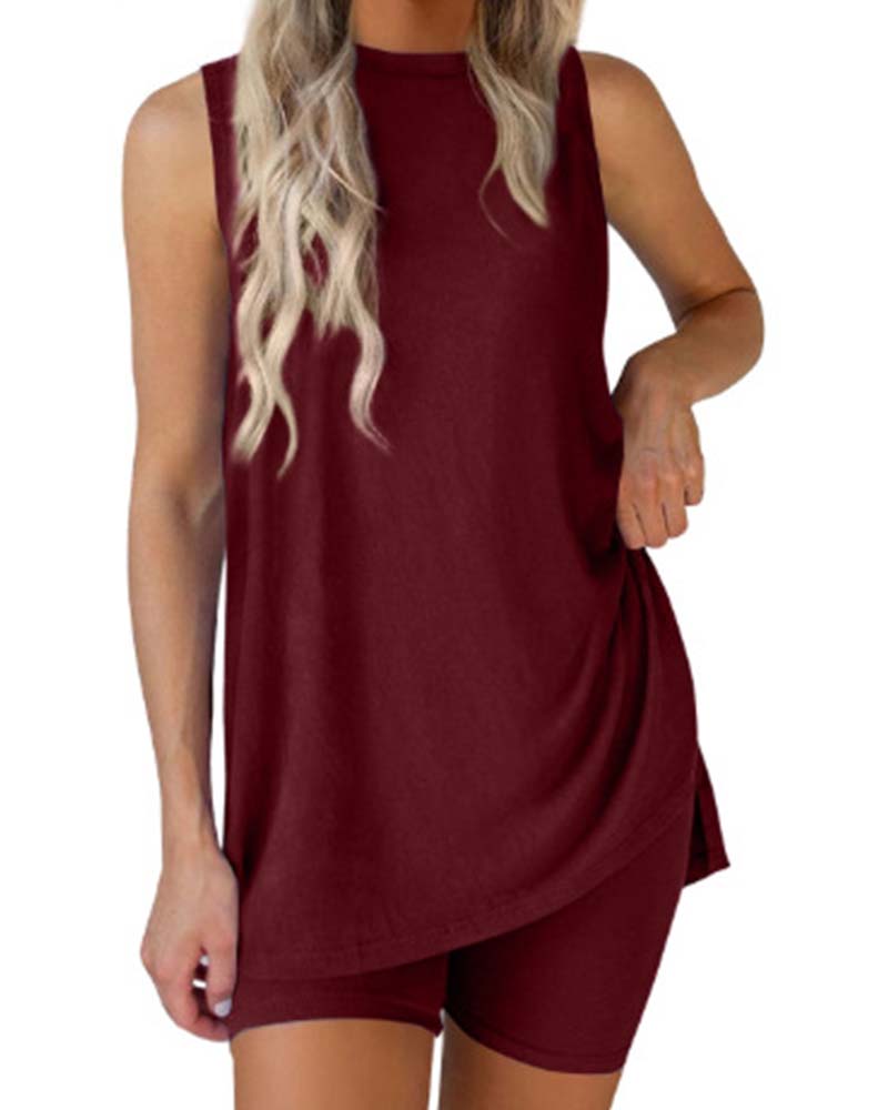 Sleeveless Top And Shorts Solid Color Set