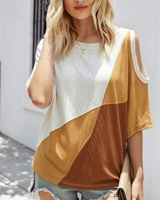 Color Block Off-Shoulder Loose T-Shirt