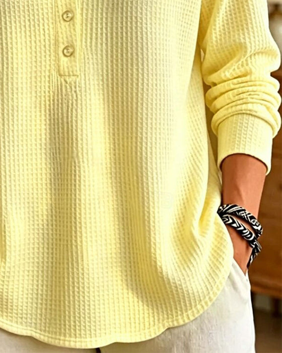 Small Stand Collar Button Waffle Top