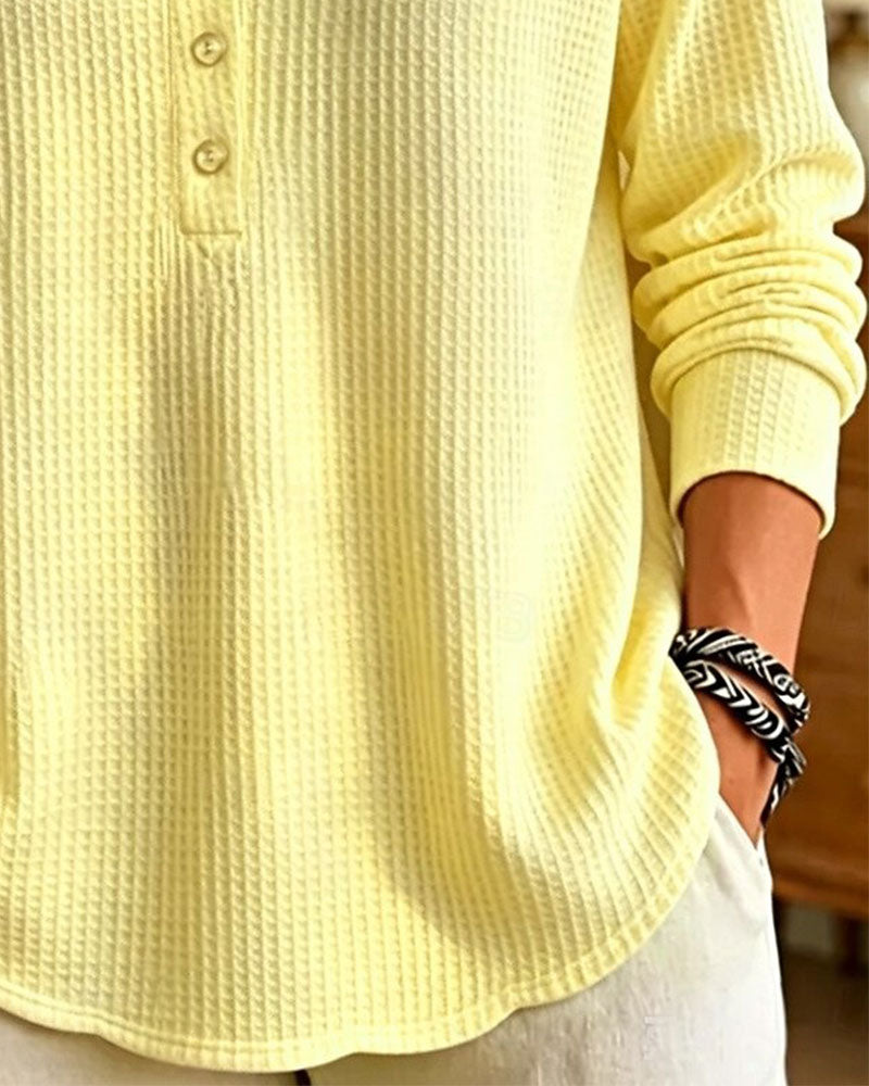 Small Stand Collar Button Waffle Top