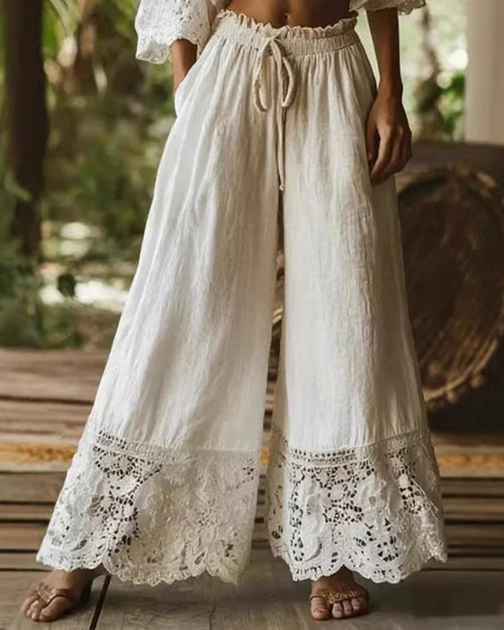 Elastic Waist Drawstring Lace Patchwork Wide Leg Pants
