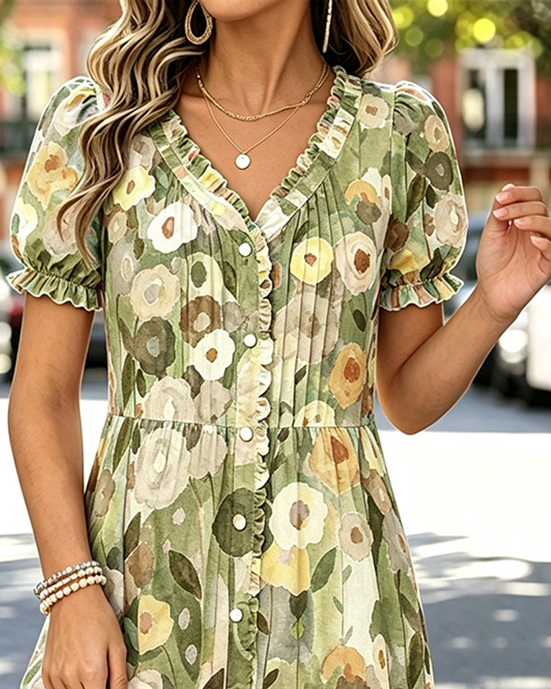 V-Neck Button Bubble Sleeve Dress