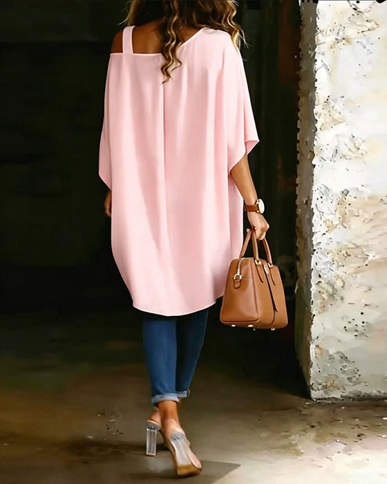 Asymmetric Cold-Shoulder Solid Color Casual Blouse