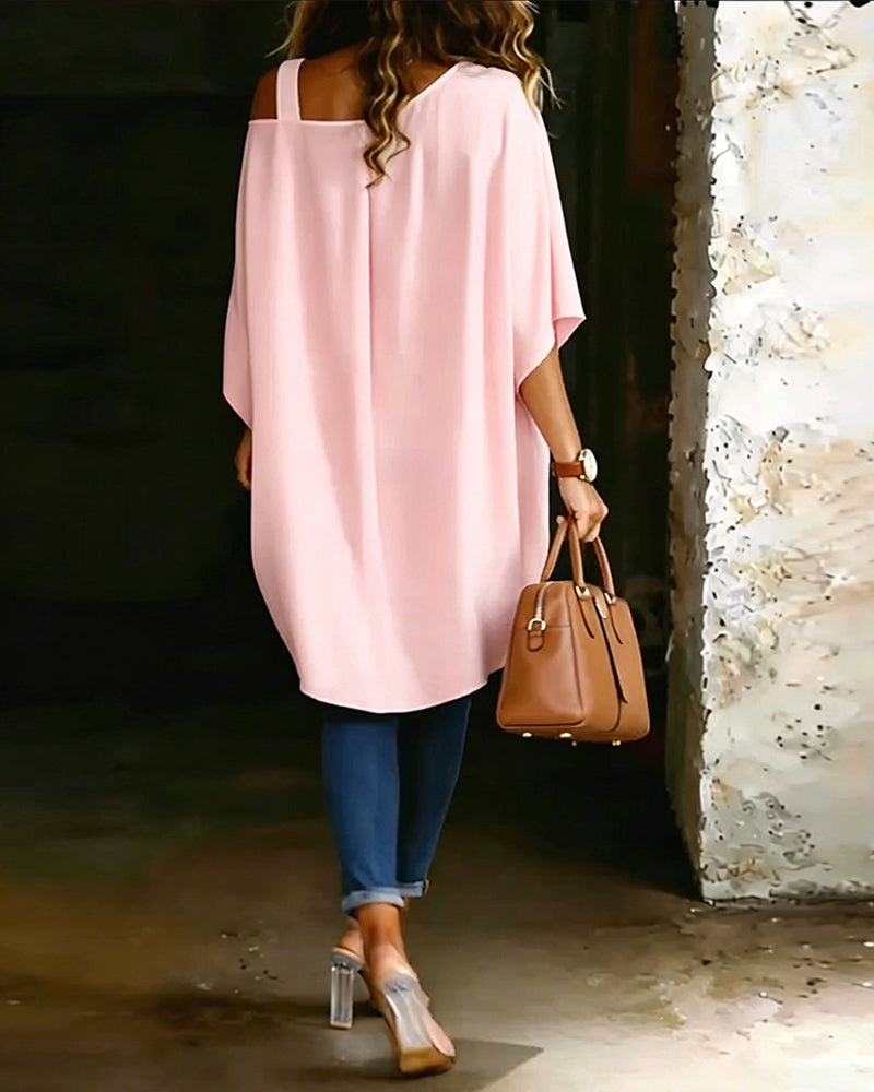 Asymmetric Cold-Shoulder Solid Color Casual Blouse