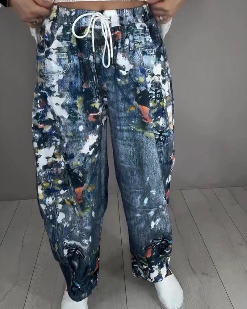 Splatter Print Drawstring Jeans