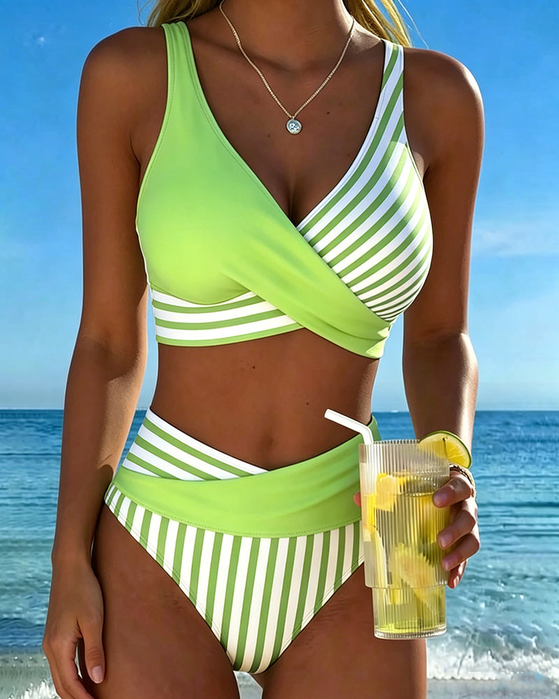Crisscross Striped Print Bikini