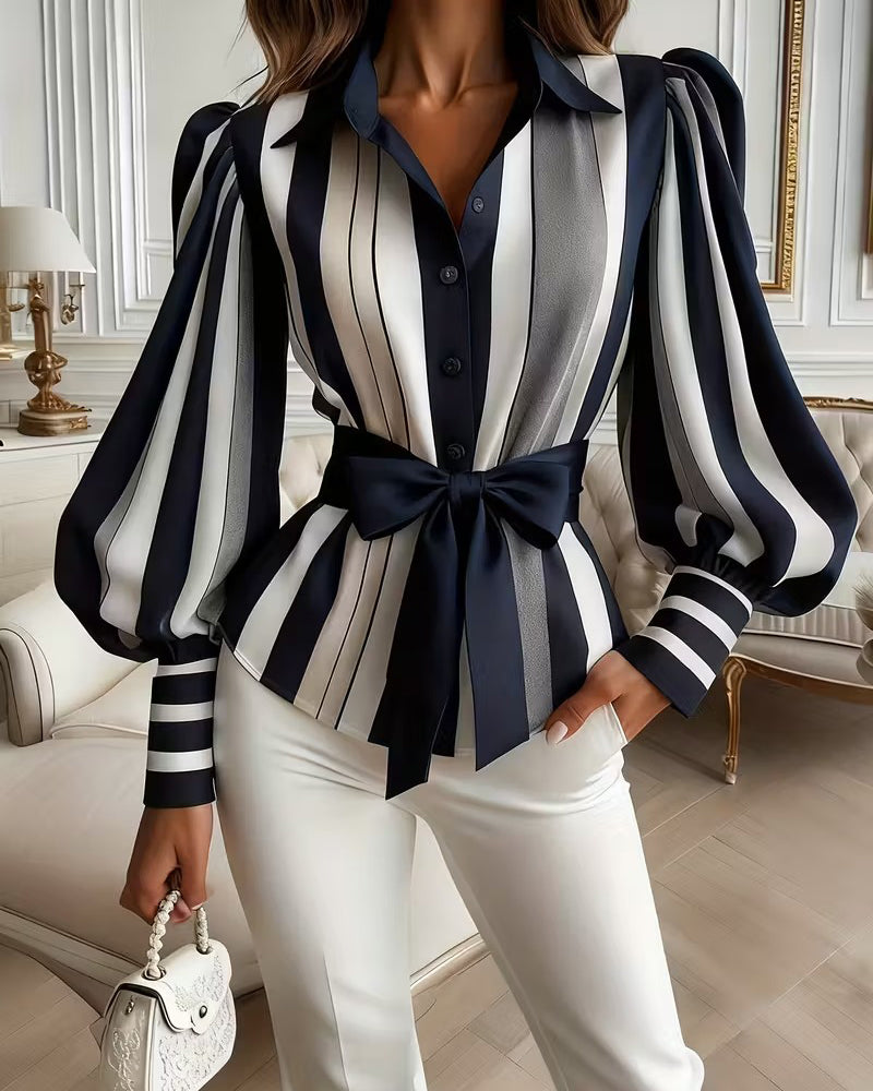 Puff-Sleeved Striped Collared Blouse