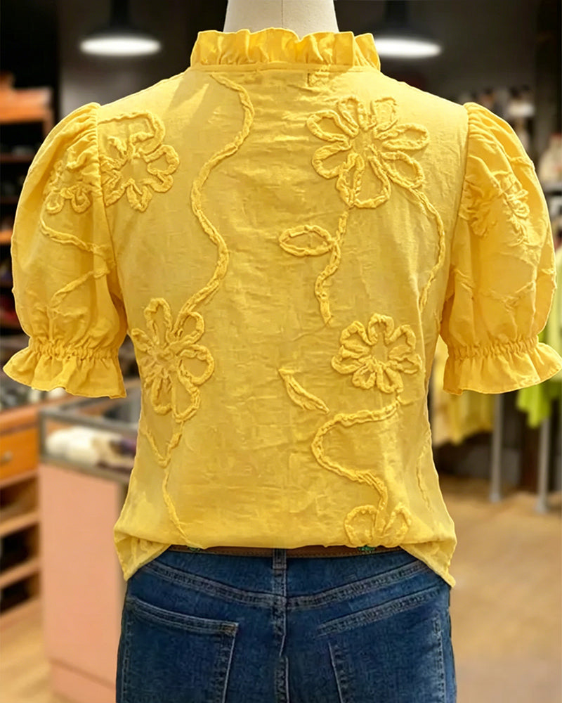 V-Neck Ruffle Trim Puff Sleeve Blouse