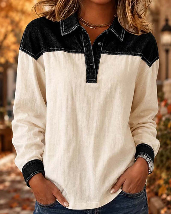 Color Block Lapel Blouse