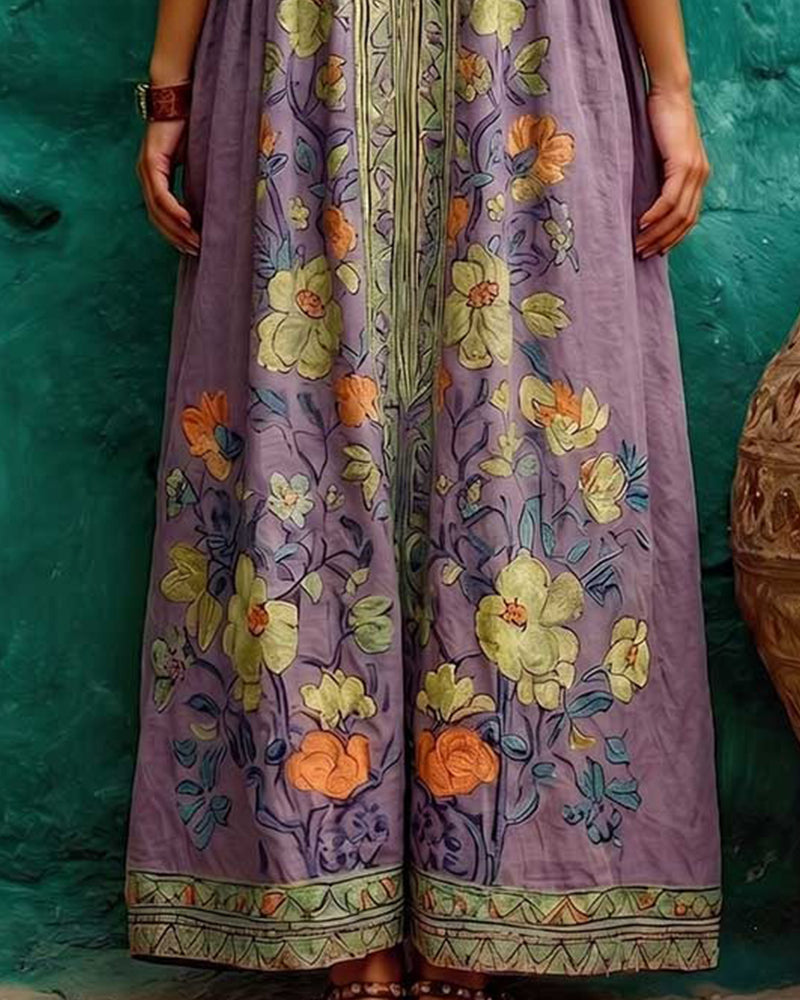 Retro Print Pocket Sleeveless Long Dress