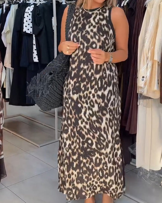 Crewneck Leopard Print Sleeveless Maxi Dress