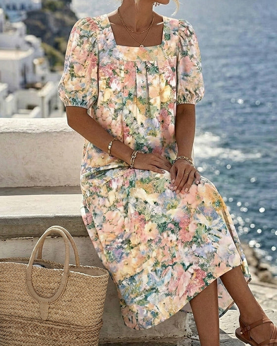 Printed Square Neck Bubble Sleeve Dress