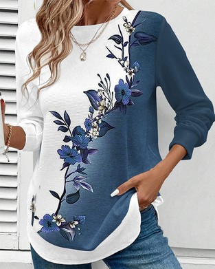 Crew Neck Colorblock Floral Print Top