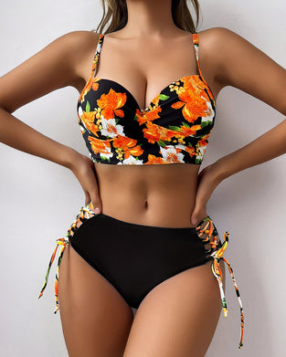 Color Block Floral Print Gathered Tie Bikini