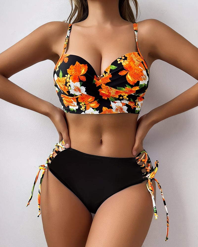 Color Block Floral Print Gathered Tie Bikini