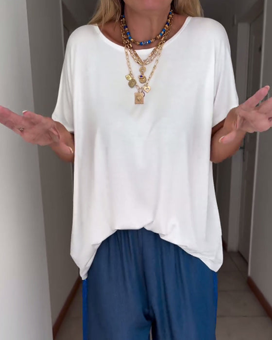 Solid color round neck short sleeve T-shirt