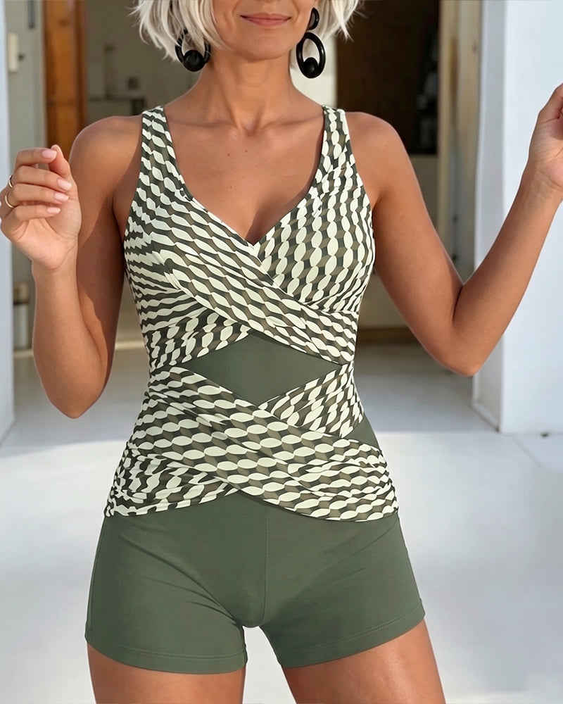 Geometric Print Crisscross Design Tankini