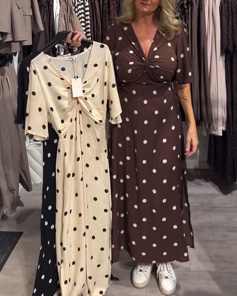 Polka-Dot Twist V-Neck Long Dress