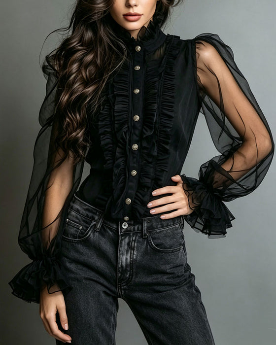 Button Ruffle Trendy Blouse
