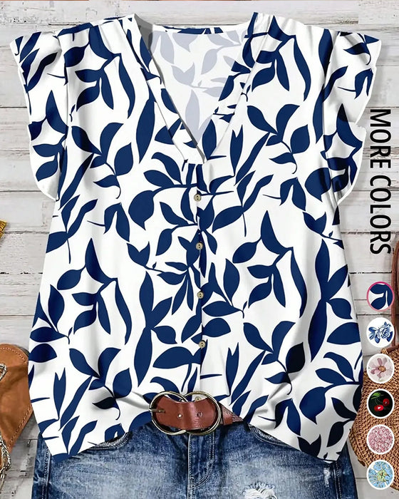 V-Neck Printed Ruffle Sleeves Blouse