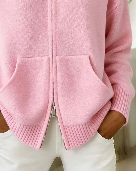 Lapel Zipper Solid Color Cardigan