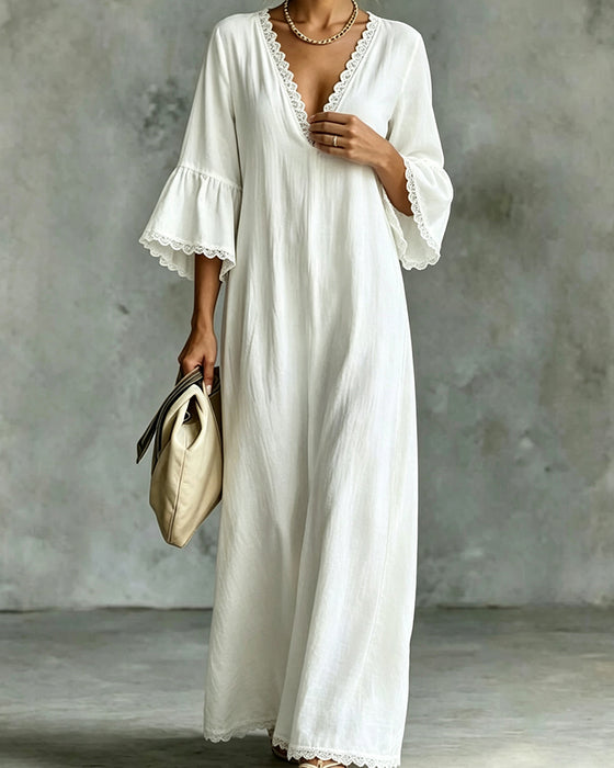 V-Neck Lace Patchwork Ruffle Full Skirt Dress