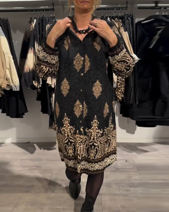 Lapel button-down vintage print dress