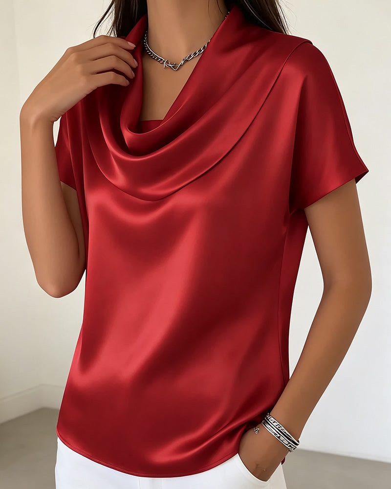 Solid Draped Collar Blouse